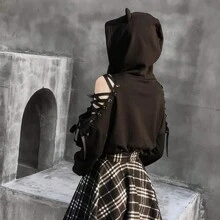 Womens Cat Ear Hoodie Sweatshirt Long Sleeve Sweater Off Shoulder Cat Cute Crop Top Hoodies Pullover Y2K 90s Vintage Hooded Sweatshirt Tops E-Girls Streetwear - 黑色 - 查看 4