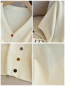 Neue Strickjacke für Frauen im Frühling und Sommer mit V-Ausschnitt, Knöpfen, in einfarbig, lässig, schlicht, für den Alltag, dünner Pullover mit kurzen Ärmeln