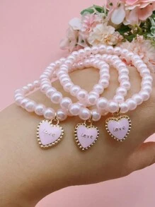 1 Set Of Multiple Pink Heart Shaped Faux Pearl Bracelets, Holiday Gifts For Valentine's Day
