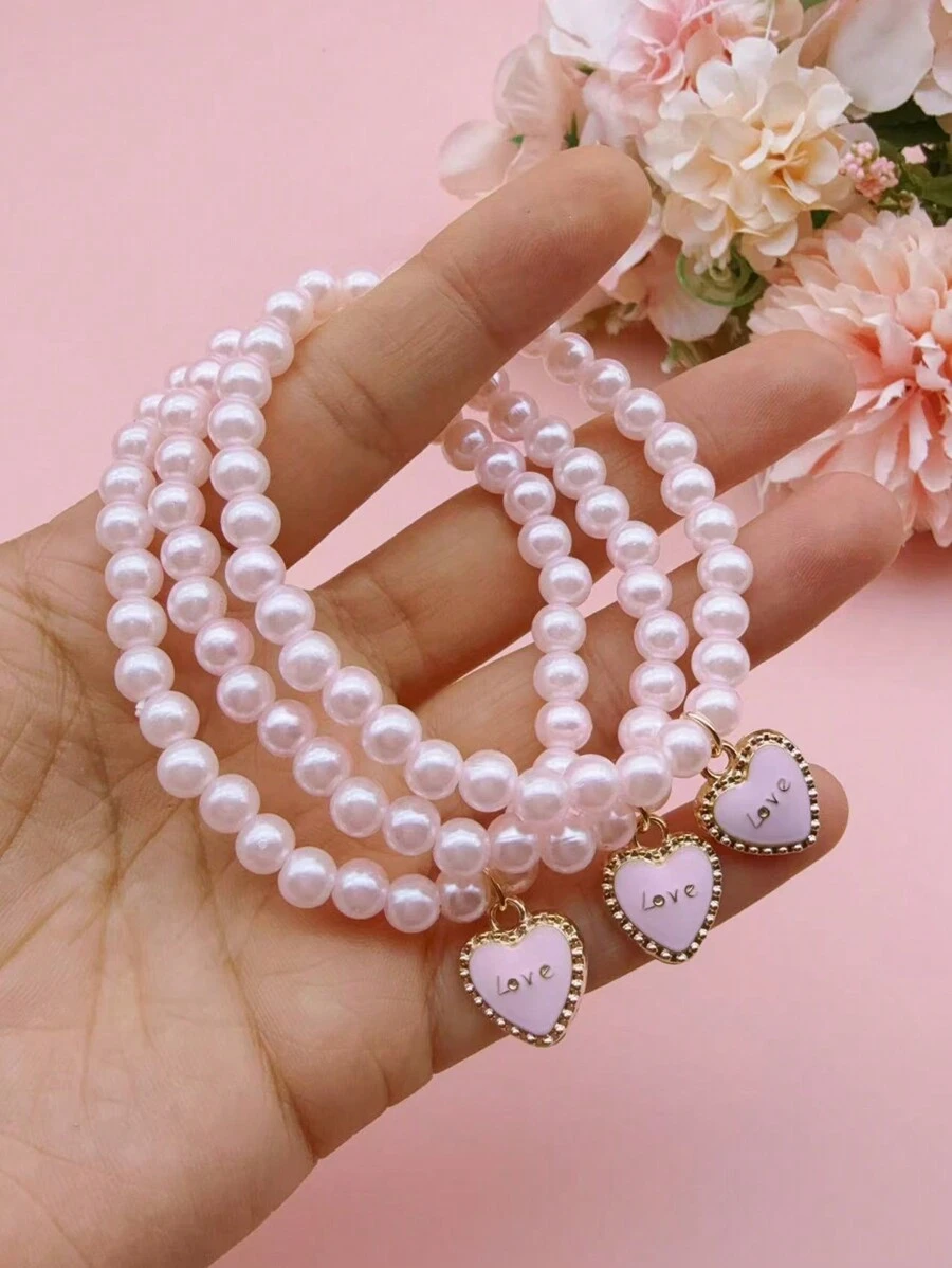 1 Set Of Multiple Pink Heart Shaped Faux Pearl Bracelets, Holiday Gifts For Valentine's Day