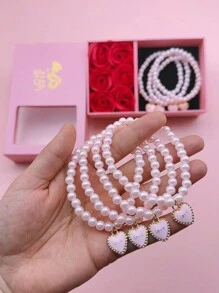 1 Set Of Multiple Pink Heart Shaped Faux Pearl Bracelets, Holiday Gifts For Valentine's Day