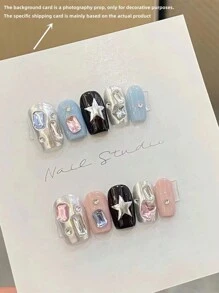 10 片高端辣妹蓝粉色跳色可爱风手工假指甲，可爱风格女士指甲贴片按压指甲美甲用品指甲 - 彩色 - 查看 3