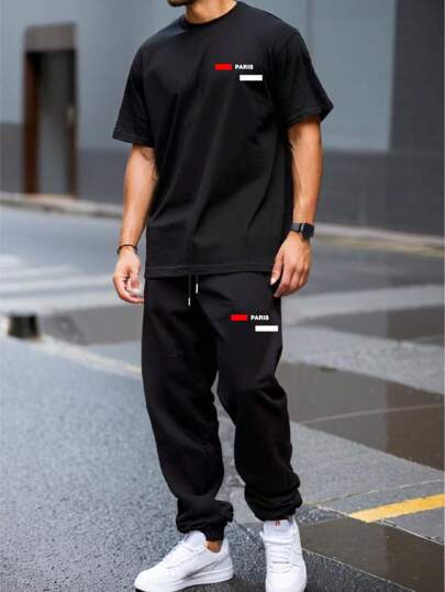 男士浪漫巴黎英伦图案休闲短袖 T 恤和裤子套装，适合街头、户外和日常穿着，舒适装扮