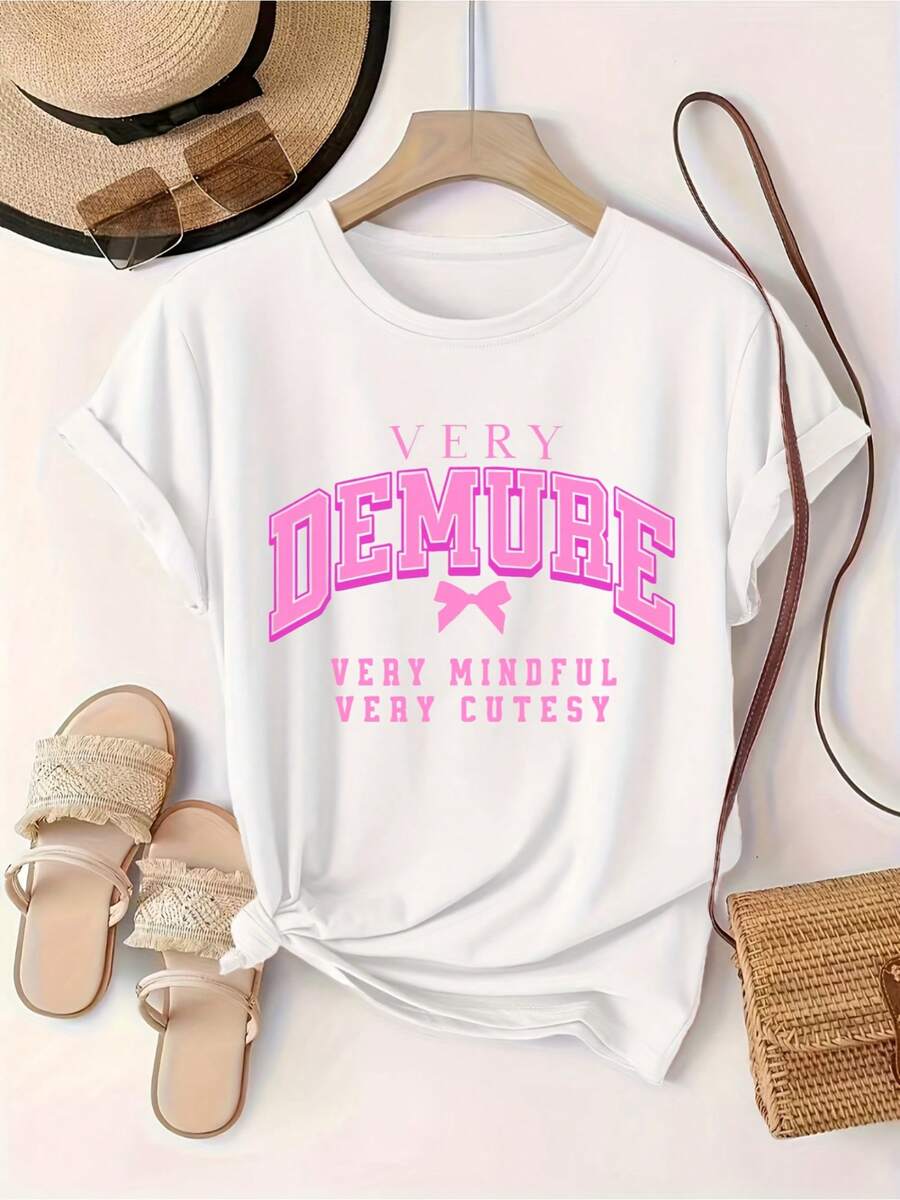 Women'S Casual Letter Print T-Shirt, Short Sleeve Crew Neck, Polyester Knit Fabric, Regular Length, All-Season Top, 95% Polyester 5% Elastane, Alphabet Pattern - Black & White Options - 白色 - 查看 1