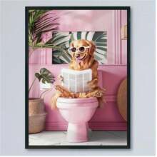 1PC Golden Retriever Reading On Toilet Canvas Print - Funny Bathroom Wall Art, Modern Retro Art Deco Dog Poster- Ink Art Medium - Animal Theme - Perfect Gift For Dog Lovers - Suitable For Living Room, Bedroom, Kitchen, Office(No Frame)