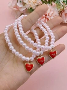 1 Set Pink Faux Pearl & Heart Charm Bracelets, Holiday Gift For Valentine's Day - Bracelet - View 8