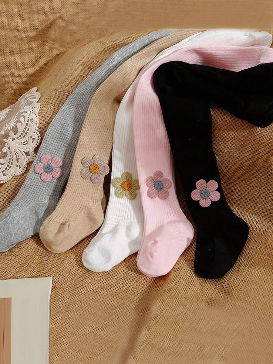 5pcs/Pack Baby Girls Flower Decorated Thin Striped Stirrup Tights, Versatile Leggings For All Seasons