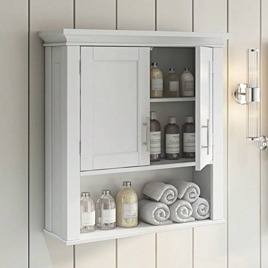 Somerset Two-Door Bathroom And Laundry Wall Mount Storage Medicine Cabinet With Open And Adjustable Shelf - White - White - View 1