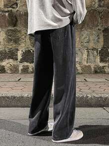 High-End Simple Versatile Straight Leg Washed Denim Jeans, Drawstring Elastic Waist Casual Pants, All Season