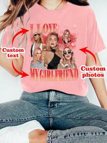 个性化服装、定制照片打印、定制礼品、定制您喜爱的名人照片、送给女友/妻子的礼物、情人节礼物、大码宽松版型、定制人脸、定制女士T恤和衬衫 - 添加您自己的文字和图片（家庭照片/自拍/宠物照片/朋友照片）来设计您的个性化印花休闲T恤 - 藕粉色 - 查看 1