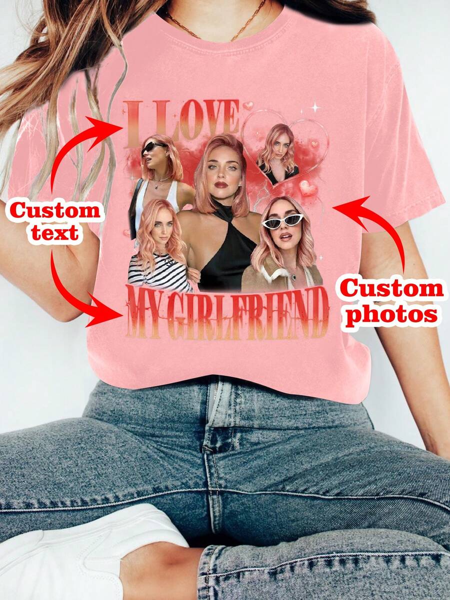个性化服装、定制照片打印、定制礼品、定制您喜爱的名人照片、送给女友/妻子的礼物、情人节礼物、大码宽松版型、定制人脸、定制女士T恤和衬衫 - 添加您自己的文字和图片（家庭照片/自拍/宠物照片/朋友照片）来设计您的个性化印花休闲T恤 - 藕粉色 - 查看 1
