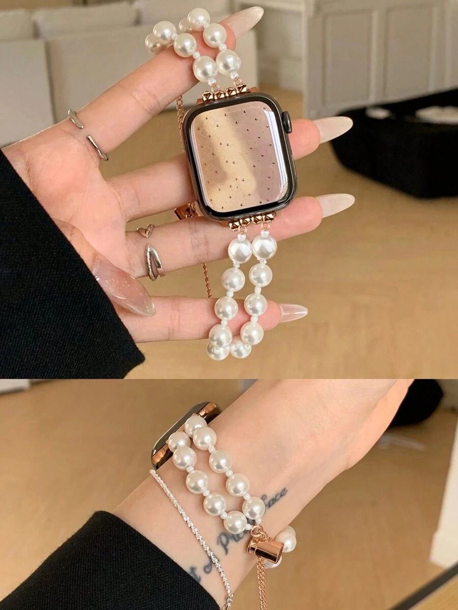 1 Dây đeo đồng hồ bằng kim loại vàng hồng sang trọng có thể điều chỉnh bằng ngọc trai đôi dành cho nữ, kích thước 38/40/41/44/45/49/42/46mm dành cho Apple Watch S11/SE3/Ultra3/Ultra/SE/SE2/10/9/8/7/6/5/4/3/2/1 - Dây chuyền vàng hồng trắng - Xem 1