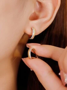 2pcs S925 Sterling Silver Original Versatile Ins Style Bicolor Luxury Cubic Zirconia C-Shape Stud Earrings, Suitable For Women's Daily Wear, Holiday And Party, Jewelry Gift