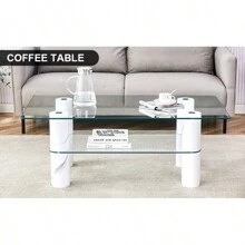 Modern Minimalist Double Layered Transparent Tempered Glass Coffee Table And Coffee Table, Paired With White MDF Drative Columns. Computer Desk. Game Table. CT-X02