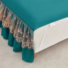 1 tấm váy giường ren thanh lịch, vỏ giường mềm chống bụi màu trơn phù hợp với mọi mùa, cỡ lớn, ga trải giường chống trượt (váy giường * 1, không có vỏ gối), đồ trang trí phòng ngủ - con công màu xanh - Xem 7