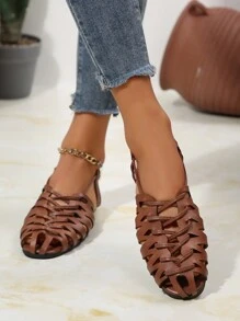 Women's Vintage Style Woven Hollow Closed Toe Chunky Heeled Sandals, Versatile Summer/Spring/Fall Retro Roman Shoes