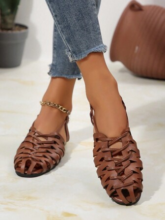 女士复古风格编织镂空包头粗跟凉鞋，百搭夏季/春季/秋季复古罗马鞋