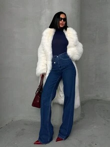 Dark Blue Denim Pants With Double Button Detail - Blue - View 7