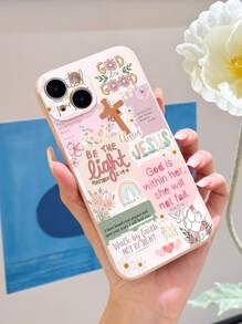 1pc Retro Newspaper Collage Religious Jesus & God Slogan Flower Smiling Face Pattern Light Pink Perforated Full Coverage Phone Case Compatible With IPhone 11/12/13/14/15 Pro Max - Multicolor - View 1