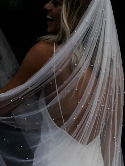 1pc Thin Tulle Pearl Single Layer Wedding Veil, Cathedral Length Bride Veil For Party, Women Fall Clothes For Women Valentine's Day Accessories