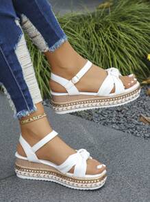 Plus Size Women's Summer New Fashion Elegant White Twist Knot Open Toe Rivet Strap Wedge Platform Sandals, Comfortable Versatile For Daily Wear With Dresses - White - View 4