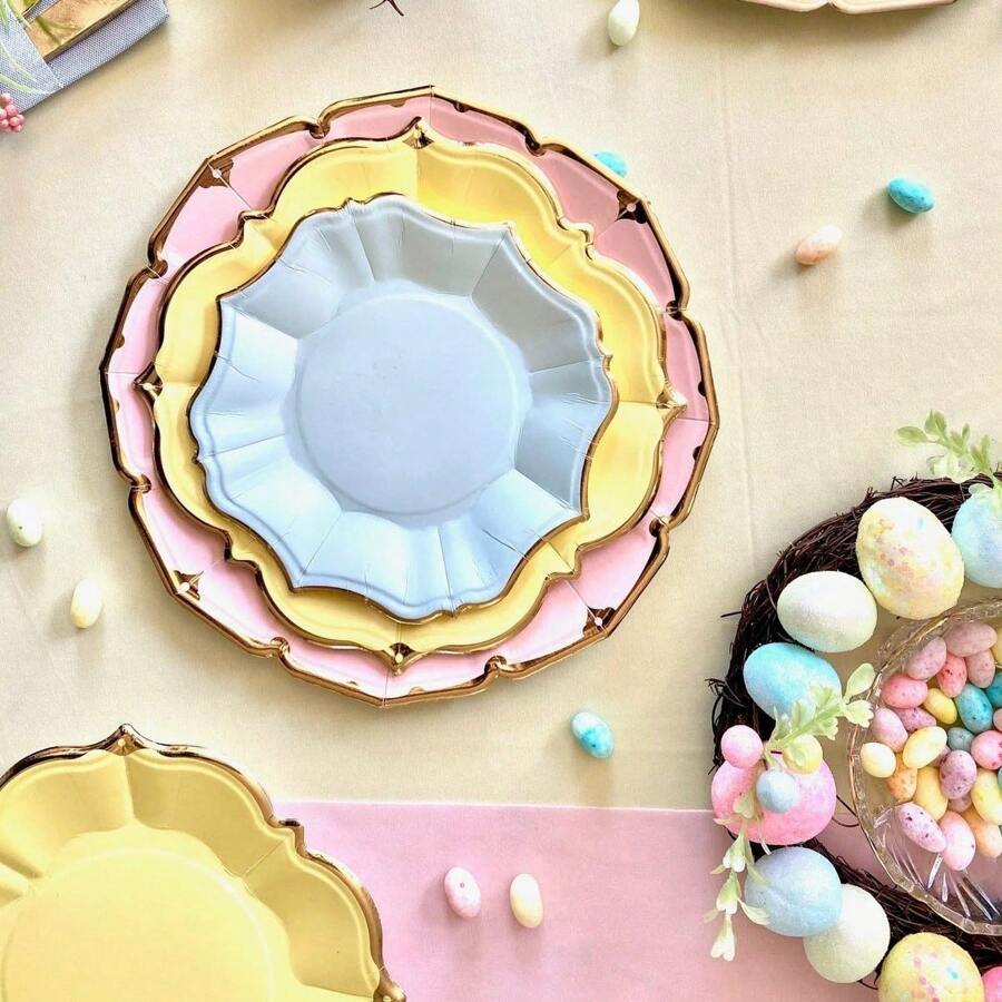 60 个装复活节快乐纸盘 - 春季派对盘、精美一次性盘、兔子盘，非常适合婚礼，请访问 Hioasis 商店（20 份） - Blue Yellow Pink - 查看 1