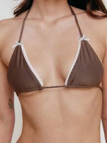 Women's Summer Bikini Set Mini Bow Lace Trim Halter Bra With Low Waist Tie-Up Thong 2 Pcs Swimsuit - 棕色 - 查看 4