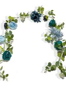 1pc Artificial Eucalyptus Garland With Flowers, Wedding Table Flower Garland Decorations, Floral Rose Garland For Centerpieces Backdrop Wall Flower Vines For Room Decor (Dusty Blue)