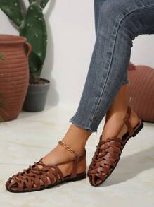 Women's Vintage Style Woven Hollow Closed Toe Chunky Heeled Sandals, Versatile Summer/Spring/Fall Retro Roman Shoes