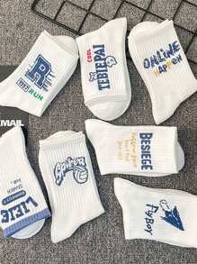 5 Pairs Men's Crew Socks With Random White, Blue, Letter & Number Graphic Prints, Fashionable, Versatile, Soft & Comfortable, Moisture-Wicking