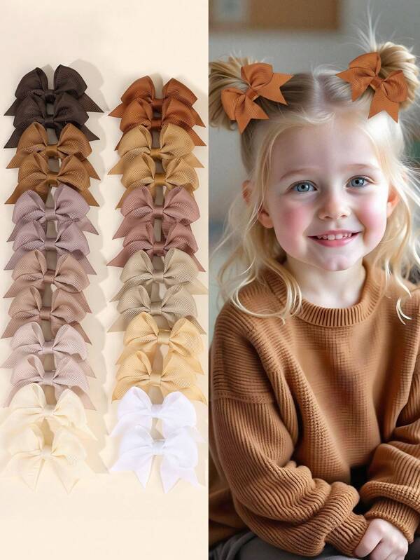 24 件/套 棕色女孩发饰，儿童布艺燕尾蝴蝶结发夹，幼儿日常时尚发饰