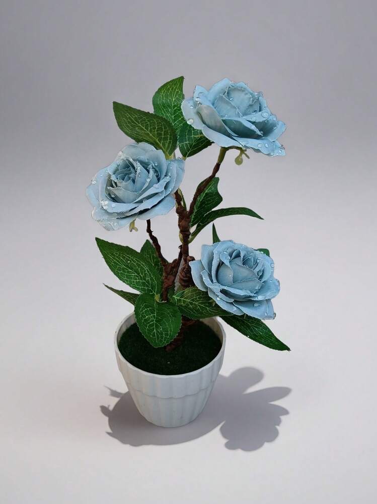 1 pieza/1 set de Flor de rosa artificial de seda con gotas de rocío realistas, 3 cabezas de rosa, planta en maceta miniatura falsa para decoración del hogar, planta verde artificial - Multicolor - Añade 4