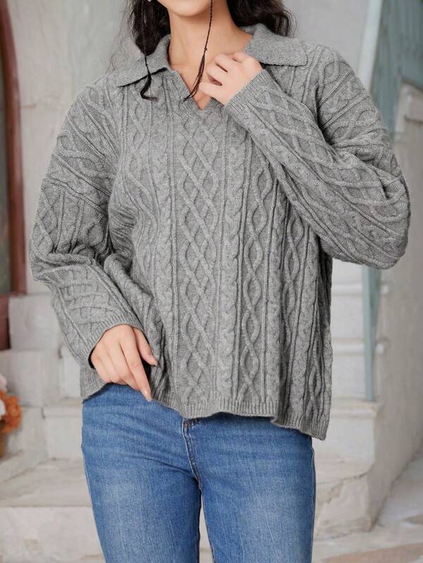 Suéter casual de mujer VIBEWAVE con cuello polo de cuerda retorcida