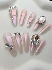 10Pcs Handmade Almond Shaped False Nails, Y2K, Cat Eye Craft, With Sparkling Rhinestones, Gorgeous And Luxurious Style, High-End Quality, Suitable For Different Styles Of Women'S Daily And Holiday Wear, Removable And Reusable Press On Nails Nail Supplies Nails - Multicolor - View 4