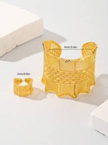 2pcs Gold-Color Bangle & Ring Jewelry Set, 24K Gold Plated Copper, Luxury & Celebratory - Yellow Gold - View 4
