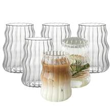 6pcs 550ml Striped Glass Coffee Cup (Without Straw), Creative Wavy Shaped Glass Cup, Aesthetic Coffee Cup, Summer Juice Glass, Transparent Cold Beverage Tumbler, Unique Minimalist Drinkware, Ideal For Iced Coffee, Milk Tea, Water, Home & Office Use, Perfect Gift, Beautiful Mother's Day Gift For Friends, Colleagues, Mom,For Household Use, Suitable For Women, Drinking Beverages Such As Milk Tea Cups And Coffee Cups - 透明條紋玻璃杯 - 查看 5