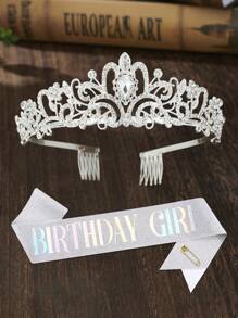 2szt Bling Rhinestone Crystal Silvery Crown Tiara Urodziny Księżniczka Sash I Korona Dla Kobiet Urodziny Księżniczka Party Dekoracje Akcesoria, Boże Narodzenie