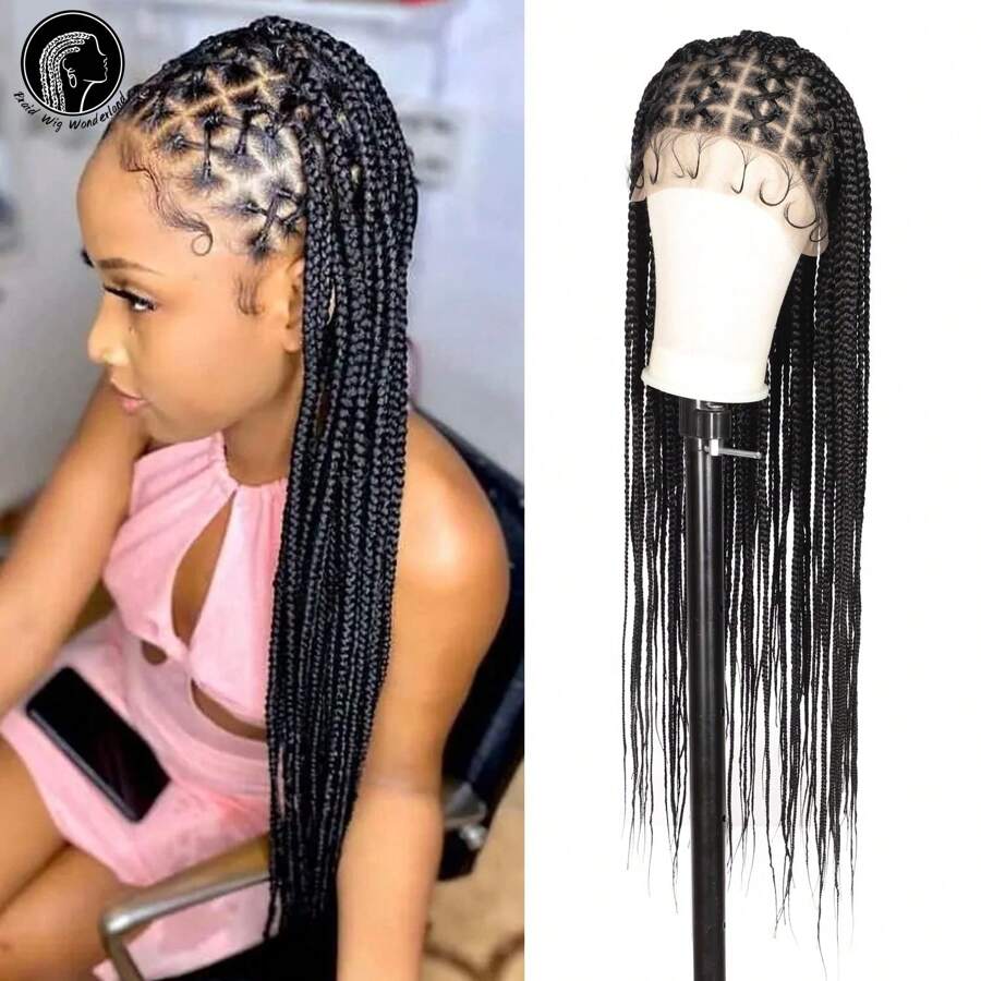 36 Inch Braided Lace Front Wig With Baby Hair, Crochet Box Braid Wig, Synthetic Hair Wig For Women