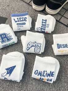5 Pairs Men's Crew Socks With Random White, Blue, Letter & Number Graphic Prints, Fashionable, Versatile, Soft & Comfortable, Moisture-Wicking