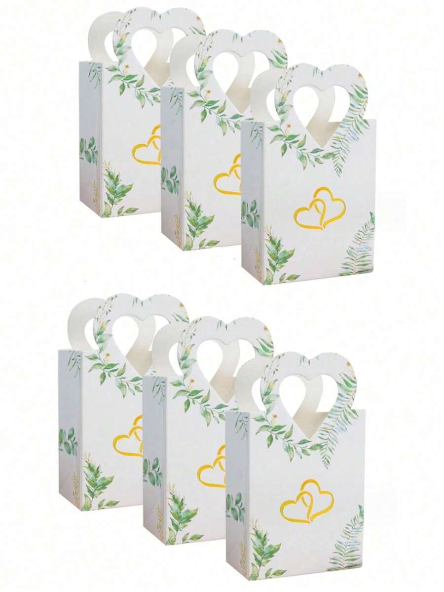 10pcs Heart-Shaped Tote Bags, Gold Foil Green Leaf & Heart Cutout Gift ...