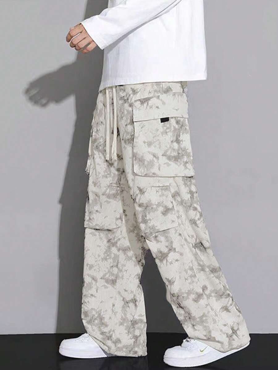 男式灯芯绒扎染休闲直筒裤，配有大口袋