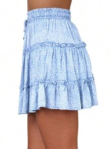 Summer Bohemian Light Blue Floral Print A-Line Tiered Mini Skirt For Women, Elastic Drawstring Waist Ruffle Flowy Casual Skirts For Women - 淺藍色 - 查看 3