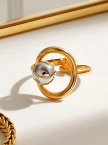 Uworld 1Pc French Hollow Asymmetrical Open Ring Line Design Personalized Creative Stainless Steel Ring 18K Gold-Plated Women's Modern Minimalist Ring Suitable For Daily Wear HHoliday Party Festival Etc. - Metal Ball Design - View 7