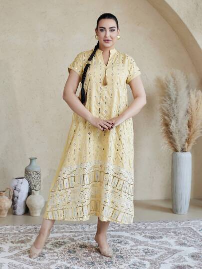 Ramadan Elegant V-Neck Dress, Embroidered Colorful Beaded Arabic Style Long Dress With Tassel Trim, Premium 2025 Spring/Summer Eid