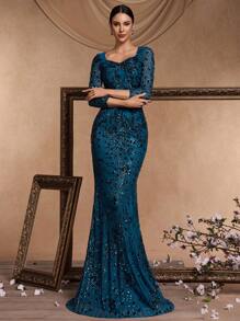 BluePlum Đầm dạ hội dài tay cổ tim đính sequin dáng đuôi cá cho nữ, đầm dự tiệc sang trọng, đầm dự tiệc cưới, đầm tốt nghiệp, đầm dự tiệc tối mùa xuân. - Màu xanh ngọc - Xem 5
