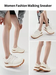 somiliss 5cm Platform Lace-Up Sports Casual Shoes For Women, Black & White Faux Leather & Fabric, Comfortable Tennis/Running Sneakers, Fashion Classic Outdoor Walking Shoes, Spring 2025 New Arrival - Beige - View 7