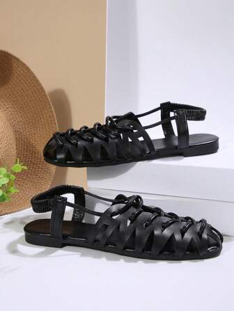 Women's Artistic Knit Hollow-Out Headscarves, Spring/Summer/Autumn New Style, Outdoor Chunky Heel Vintage Roman Sandals, Versatile