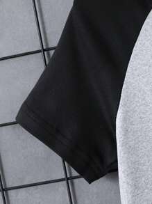 2pcs Set Young Boy Casual Slogan Print Splicing Shoulder Short Sleeve Hoodie T-Shirt & Shorts Set, Suitable For Summer Outdoor, Casual Daily, School Wear - Grey - View 6