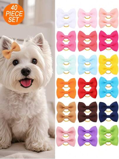 PETSIN 40pcs/Pack Random Color Bow Shape Pet Grooming Elastic Hairbands, Cute Pet Accessories For Daily Use