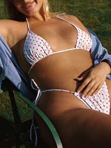 Women's Summer Bikini Set Dot Print Halter Bra With Tie-Up Low Waist Thong 2 Pcs Swimsuit - 白色 - 查看 5